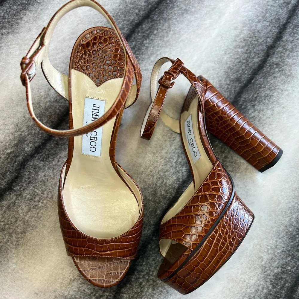 Jimmy Choo Peachy 125 Croc Embossed Leather Platform Sandal Heels